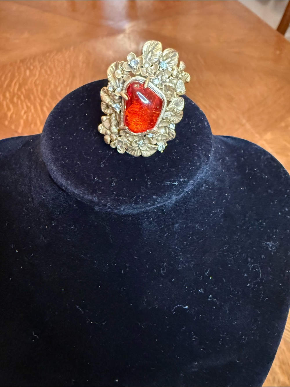 Gold Floral Statement Ring with Red Cabochon